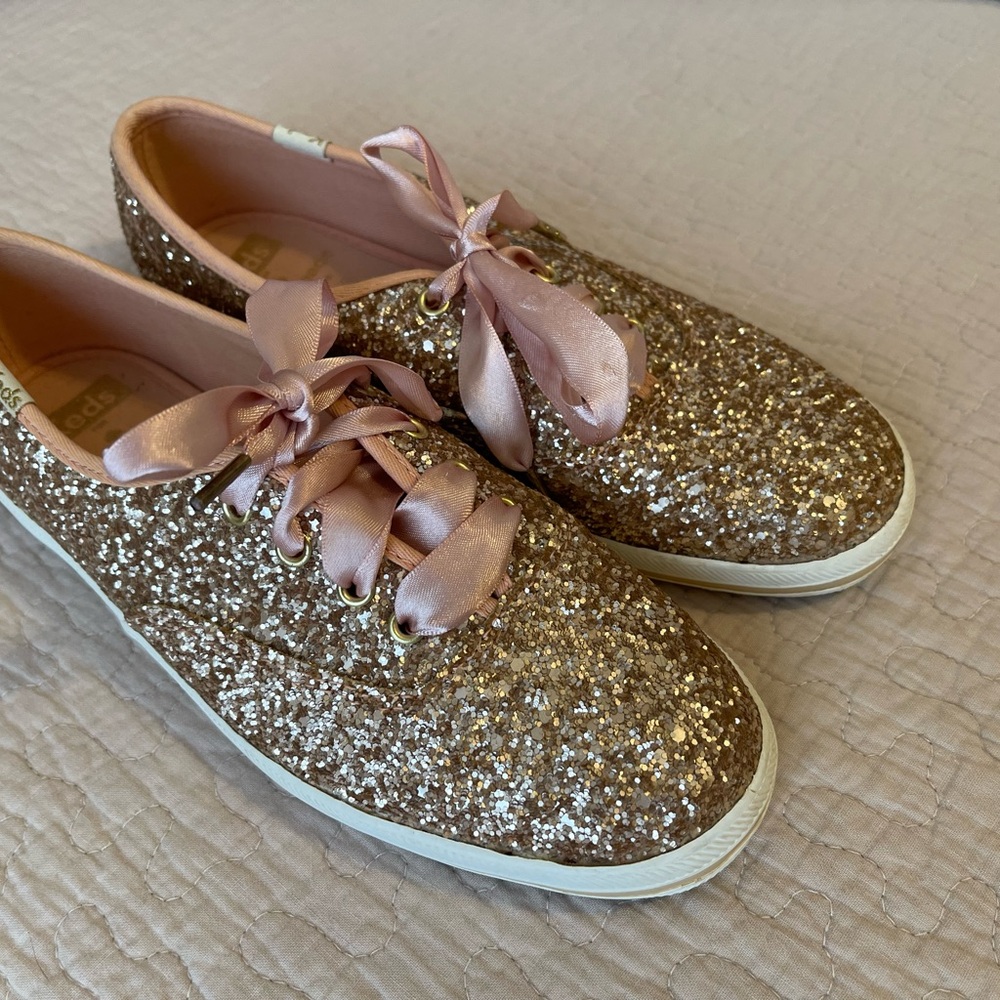 Glittery Gold Sneakers with Pink Accents